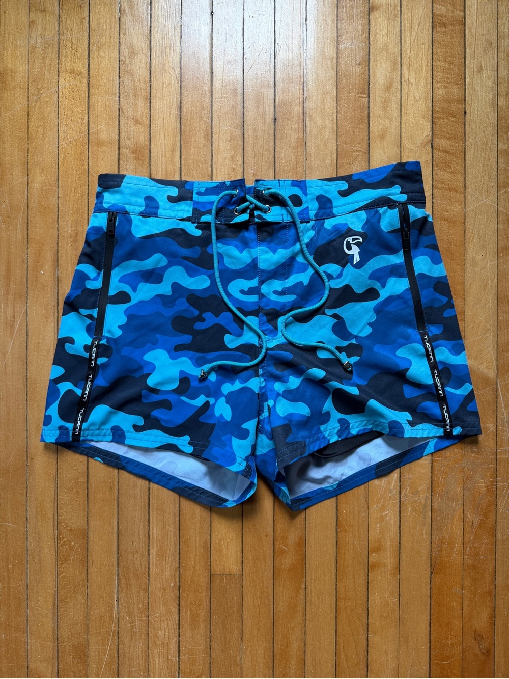 TUCANN Stripes Camo Blue 3” Lined Swim Shorts Quick Dry Stretch Men’s Sz. M